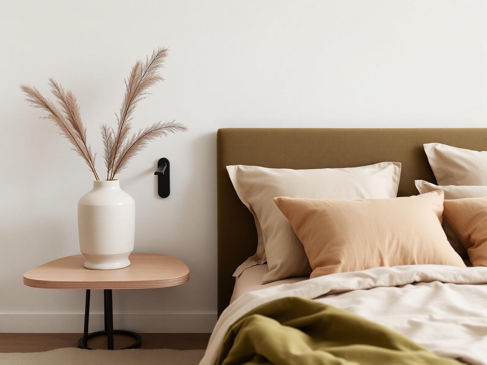 Warm minimal bedroom styled with Roomify.LB accessories
